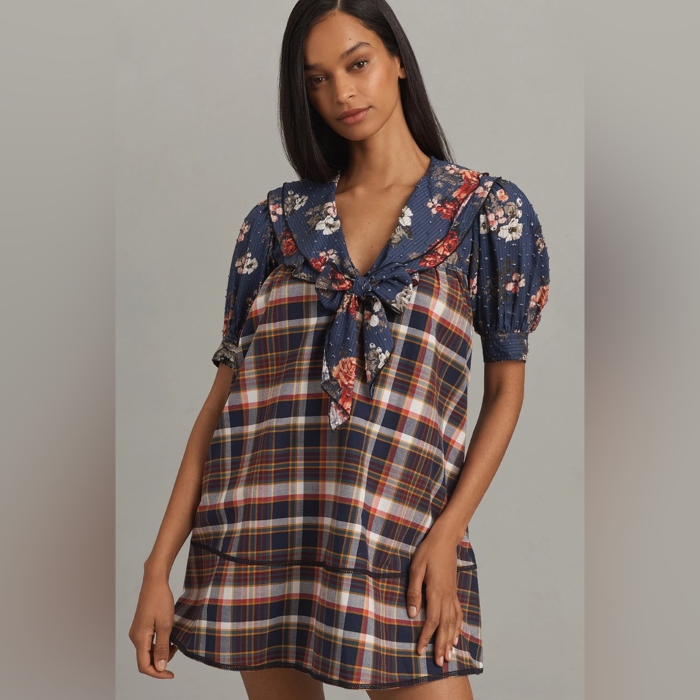 Pilcro Anthropologie Short Sleeve Bow Front Floral Plaid Mini Dress Women’s Sz M
